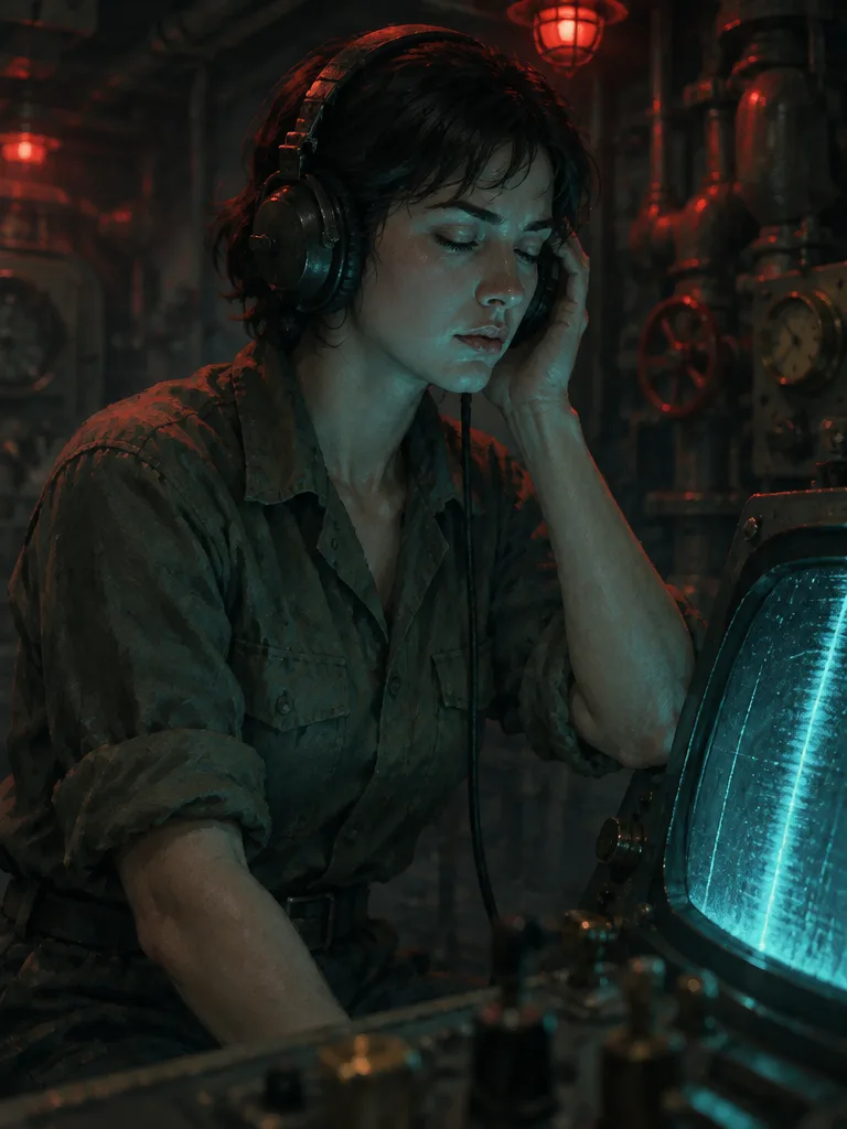 Leading Seaman Mira Kessel, operator sonar dengan headphone, mata terpejam mendengarkan, wajahnya diterangi layar sonar